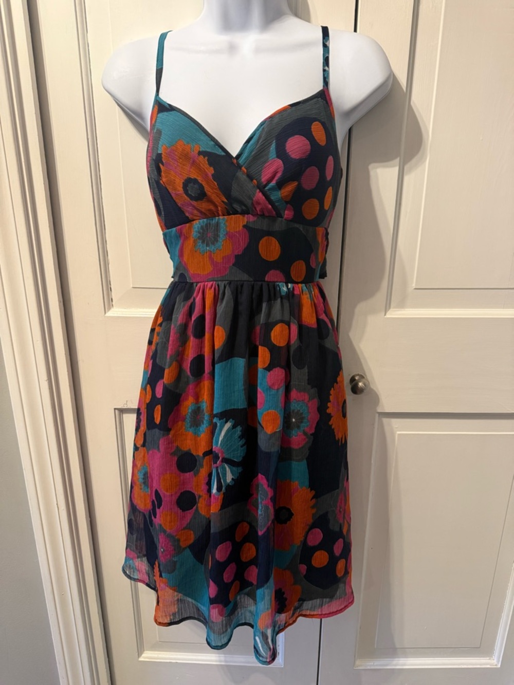 Fire Los Angeles Teal Dress with Pink & Orange Floral Polka Dot Print Small